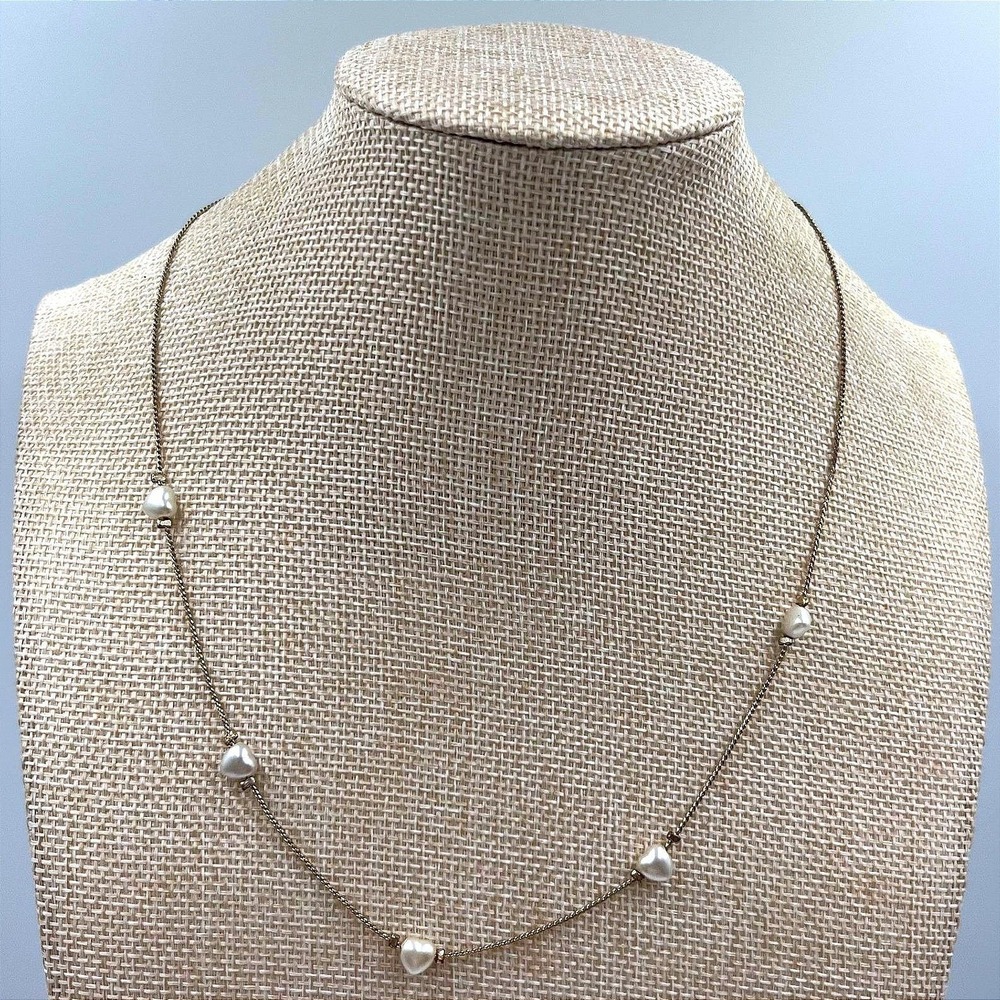 Gold Tone Chain Necklace w/ Heart Pearl Stations Dainty Minimalist Adjustable